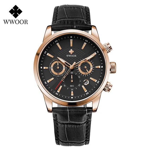 Relógio Masculino de Luxo WWOOR 8845 - Pulseira de couro - A prova d'água