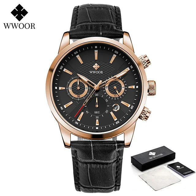 Relógio Masculino de Luxo WWOOR 8845 - Pulseira de couro - A prova d'água