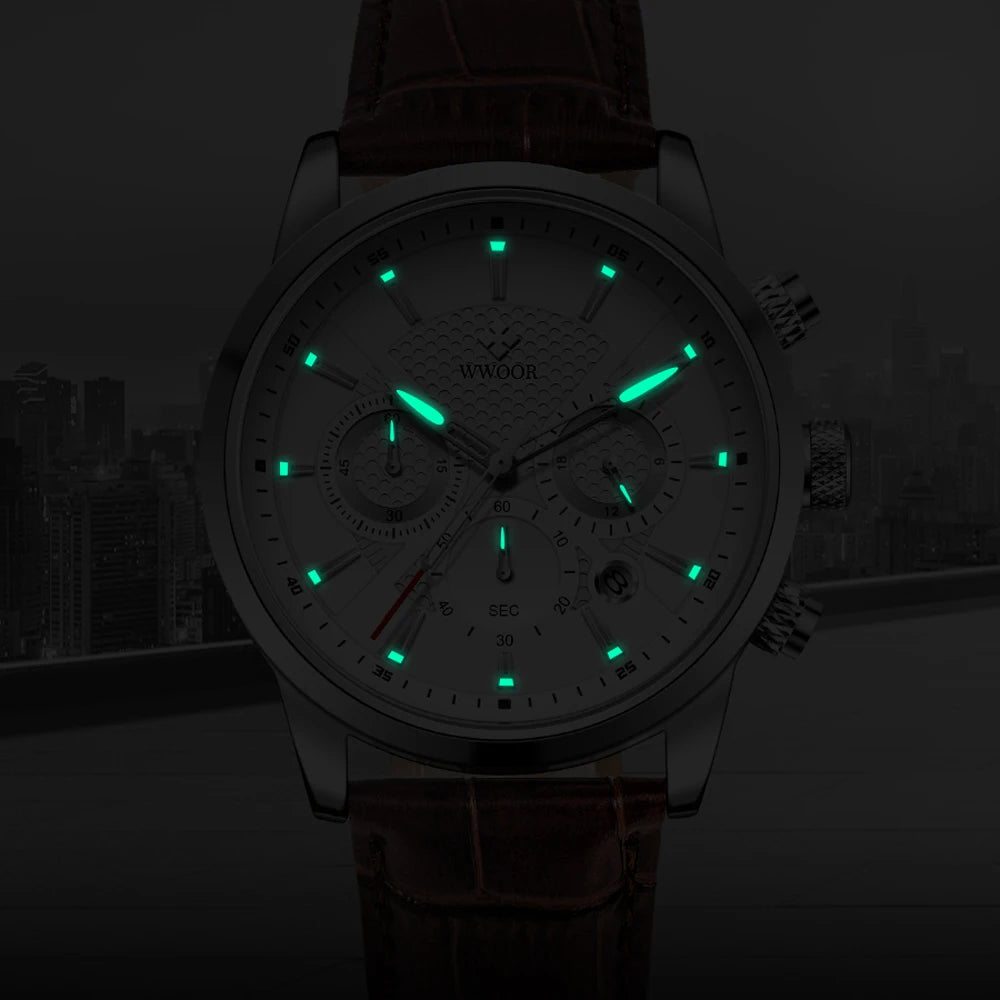Relógio Masculino de Luxo WWOOR 8845 - Pulseira de couro - A prova d'água