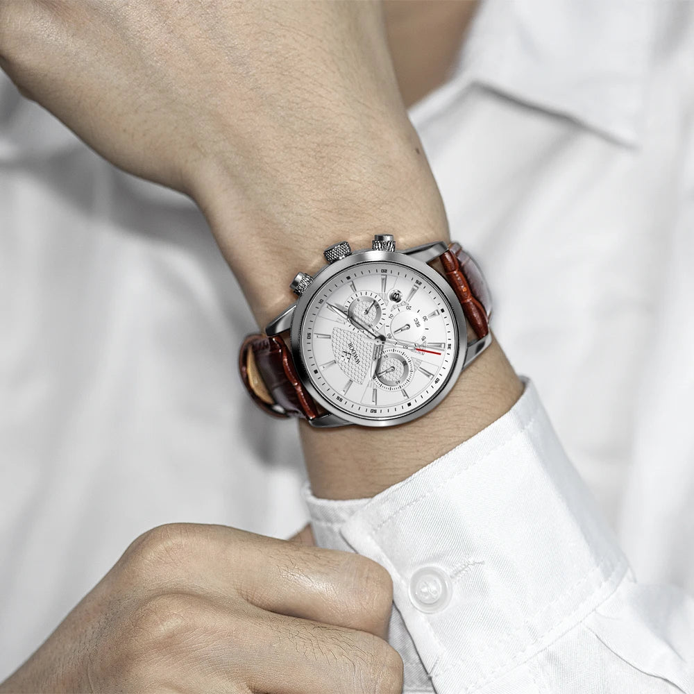 Relógio Masculino de Luxo WWOOR 8845 - Pulseira de couro - A prova d'água