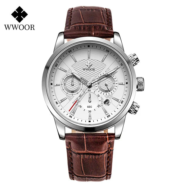 Relógio Masculino de Luxo WWOOR 8845 - Pulseira de couro - A prova d'água