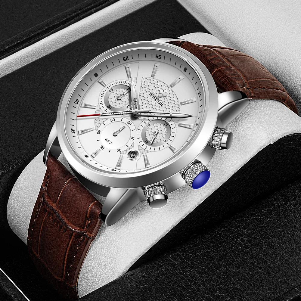 Relógio Masculino de Luxo WWOOR 8845 - Pulseira de couro - A prova d'água