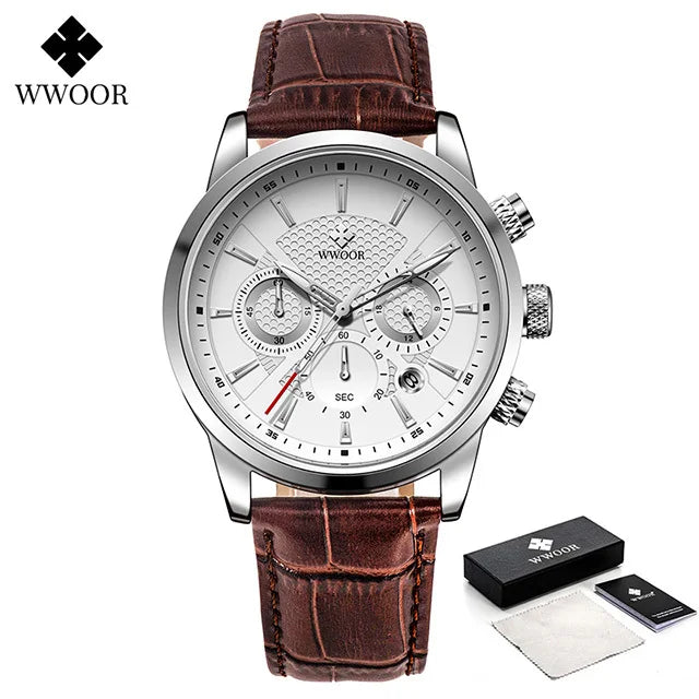 Relógio Masculino de Luxo WWOOR 8845 - Pulseira de couro - A prova d'água