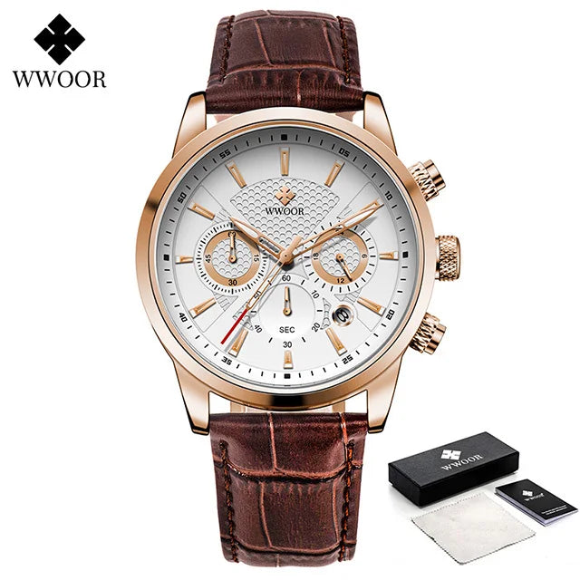 Relógio Masculino de Luxo WWOOR 8845 - Pulseira de couro - A prova d'água