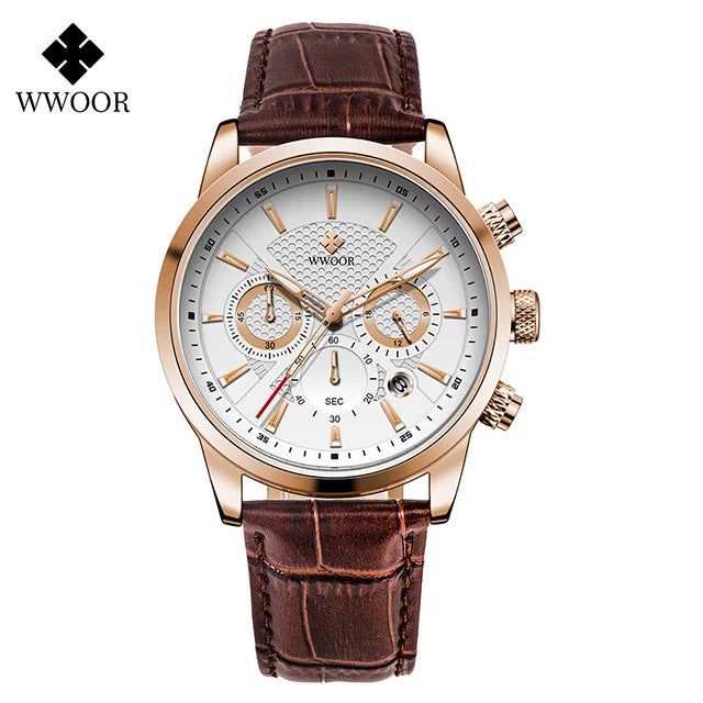 Relógio Masculino de Luxo WWOOR 8845 - Pulseira de couro - A prova d'água