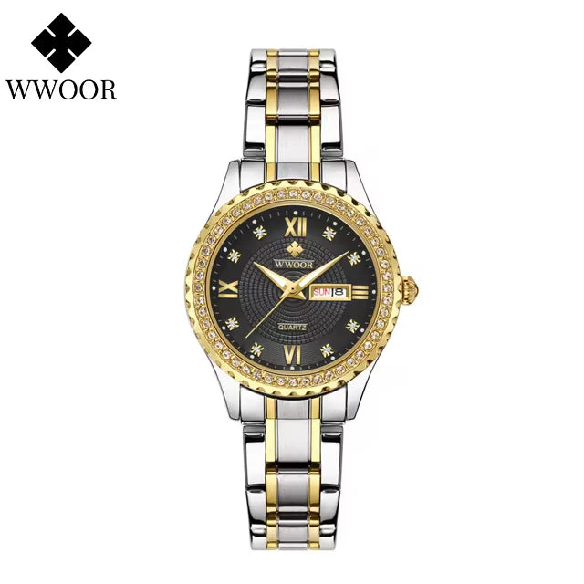 Relógio feminino Cravejado com Pedras WWOOR 8856L-b - A prova d'água