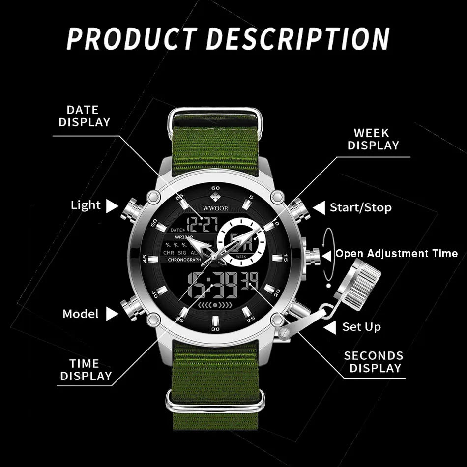 Relógio Masculino Digital e Analógico WWOOR 8882WW - Pulseira de tecido - A prova d'água