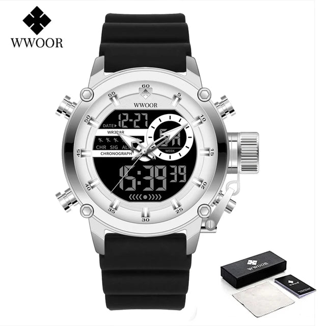 Relógio Masculino Digital e Analógico WWOOR 8882WW-b - Pulseira de silicone - A prova d'água