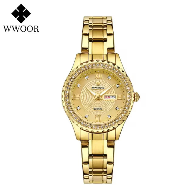 Relógio feminino Cravejado com Pedras WWOOR 8856L-b - A prova d'água