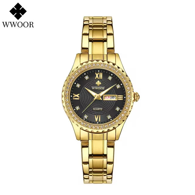 Relógio feminino Cravejado com Pedras WWOOR 8856L-b - A prova d'água