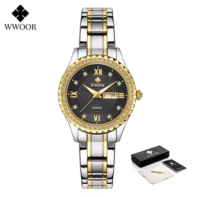 Relógio feminino Cravejado com Pedras WWOOR 8856L-b - A prova d'água