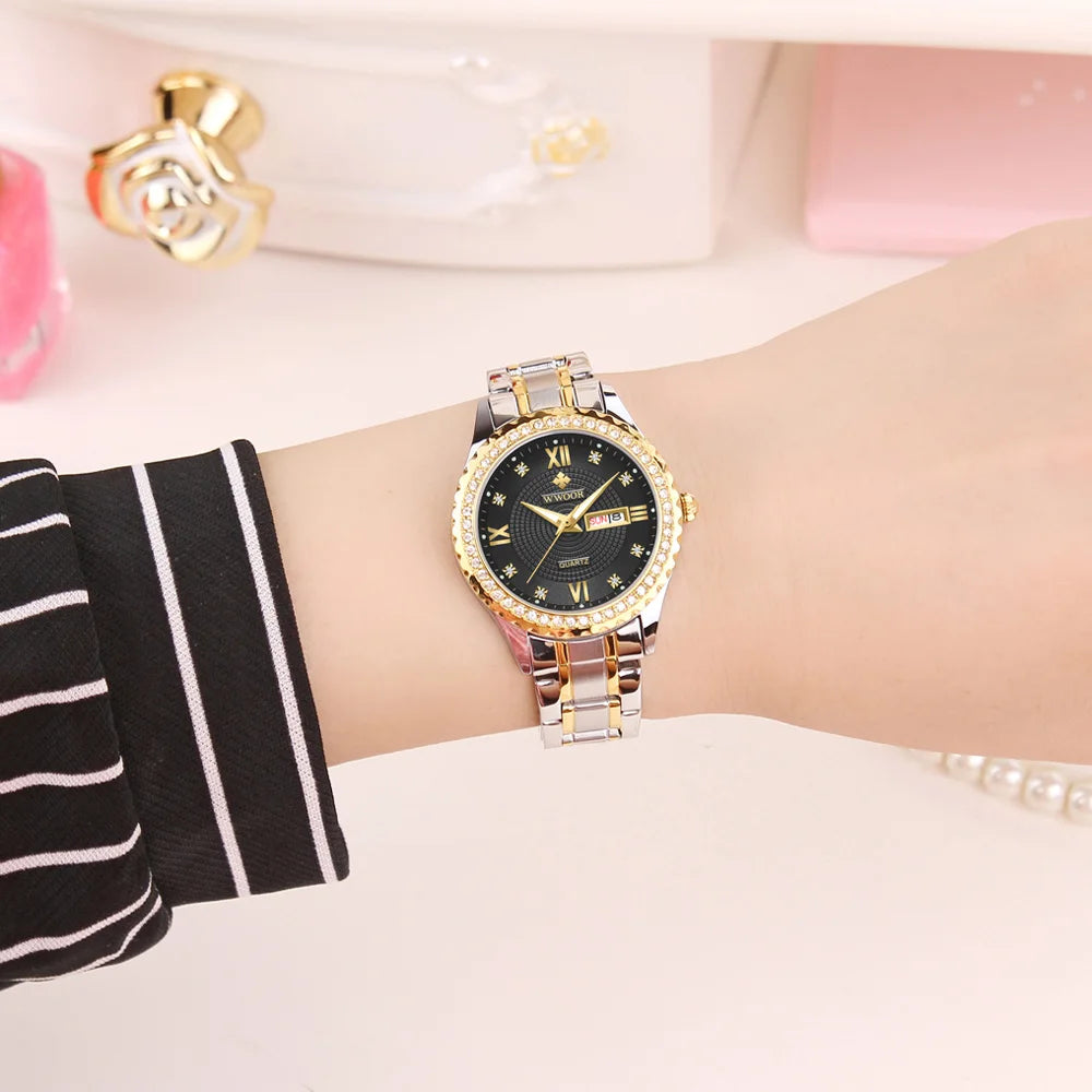 Relógio feminino Cravejado com Pedras WWOOR 8856L-b - A prova d'água