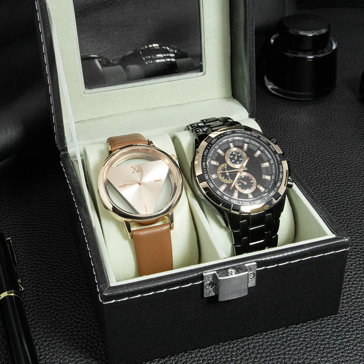 Hot Sale PU Leather Display Storage Collection Organizer watch box Case With Glass Top Slot Men Watch Bracket Display Box Gifts