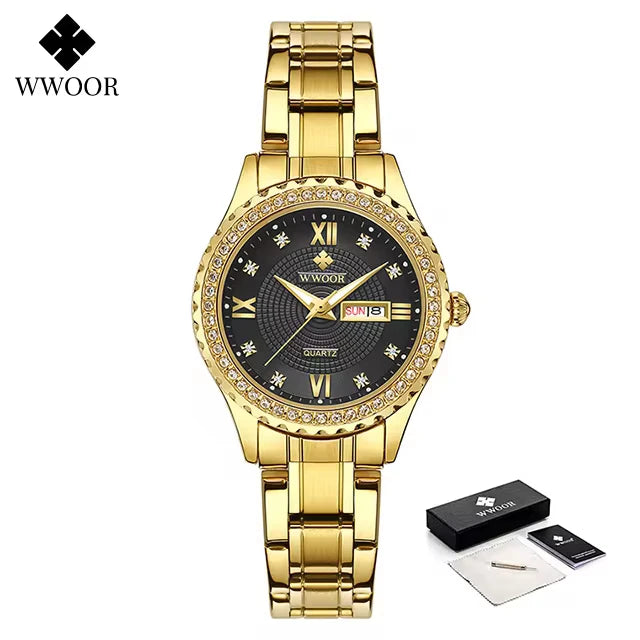 Relógio feminino Cravejado com Pedras WWOOR 8856L-b - A prova d'água