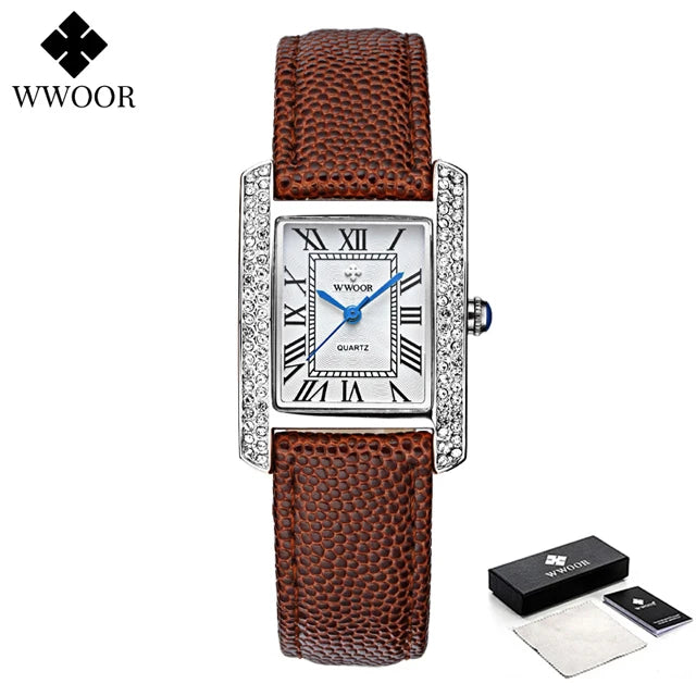 Relógio Feminino WWOOR 8806-b - Couro legítimo - A prova d'água
