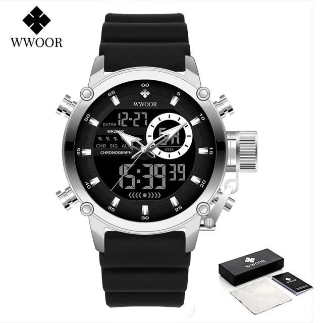 Relógio Masculino Digital e Analógico WWOOR 8882WW-b - Pulseira de silicone - A prova d'água