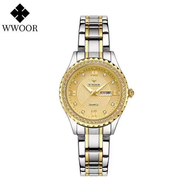Relógio feminino Cravejado com Pedras WWOOR 8856L-b - A prova d'água