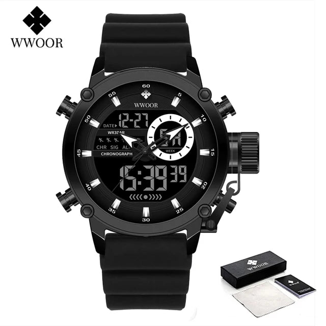 Relógio Masculino Digital e Analógico WWOOR 8882WW-b - Pulseira de silicone - A prova d'água