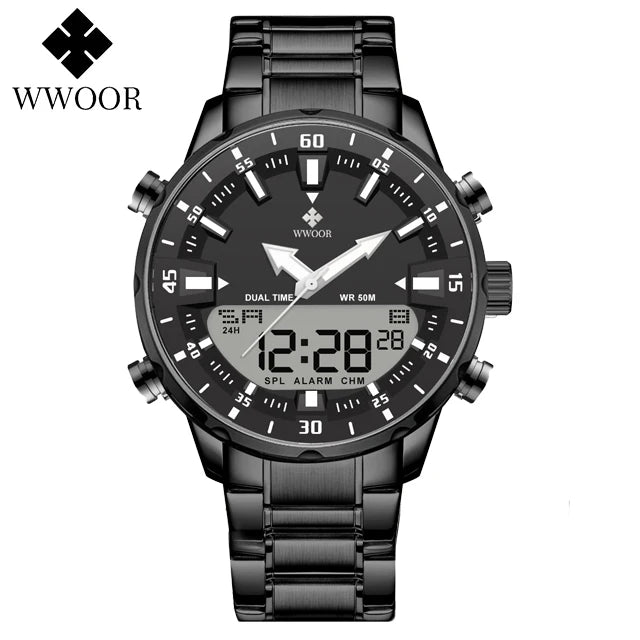Relógio Masculino Analógico e Digital WWOOR 8890-b - Aço inoxidável - A prova d'água