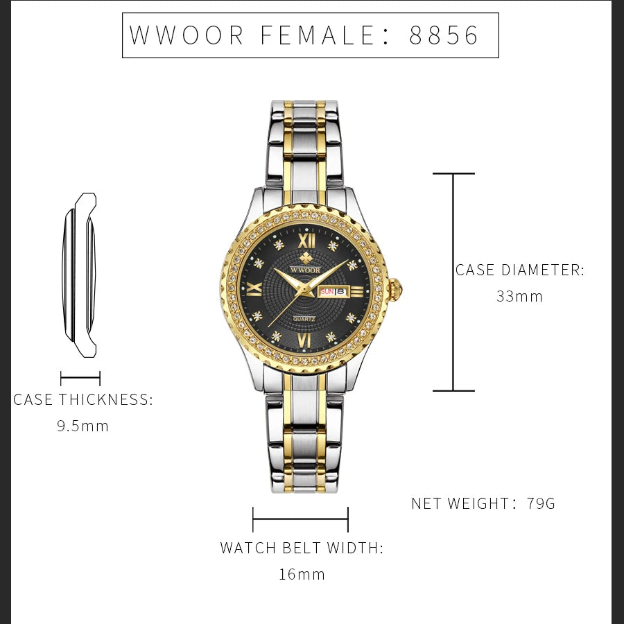 Relógio feminino Cravejado com Pedras WWOOR 8856L-b - A prova d'água