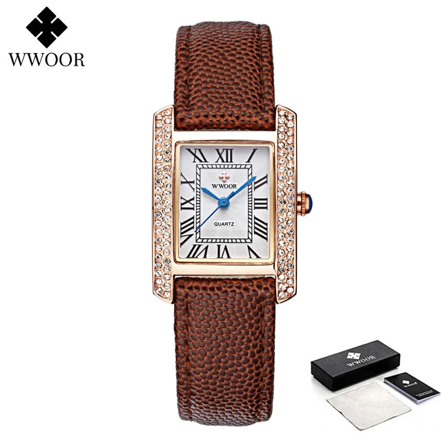 Relógio Feminino WWOOR 8806-b - Couro legítimo - A prova d'água