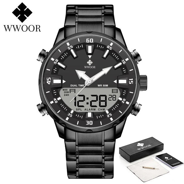 Relógio Masculino Analógico e Digital WWOOR 8890-b - Aço inoxidável - A prova d'água