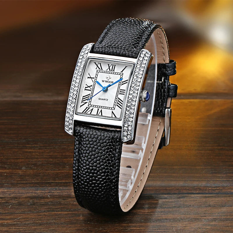 Relógio Feminino WWOOR 8806-b - Couro legítimo - A prova d'água