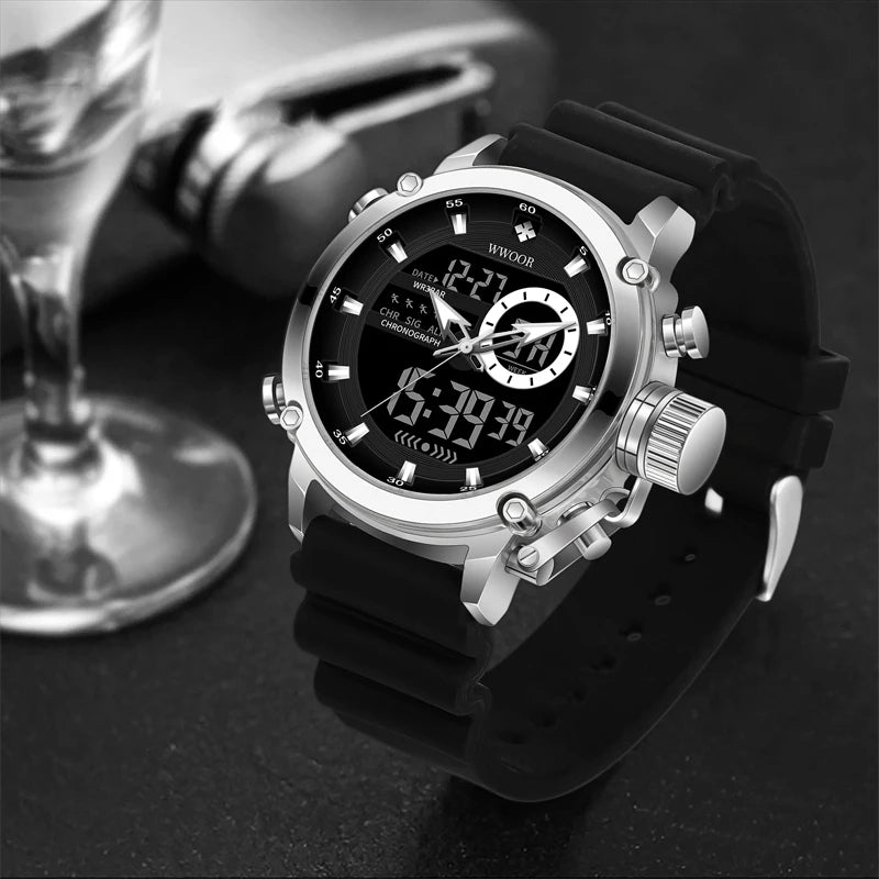 Relógio Masculino Digital e Analógico WWOOR 8882WW-b - Pulseira de silicone - A prova d'água