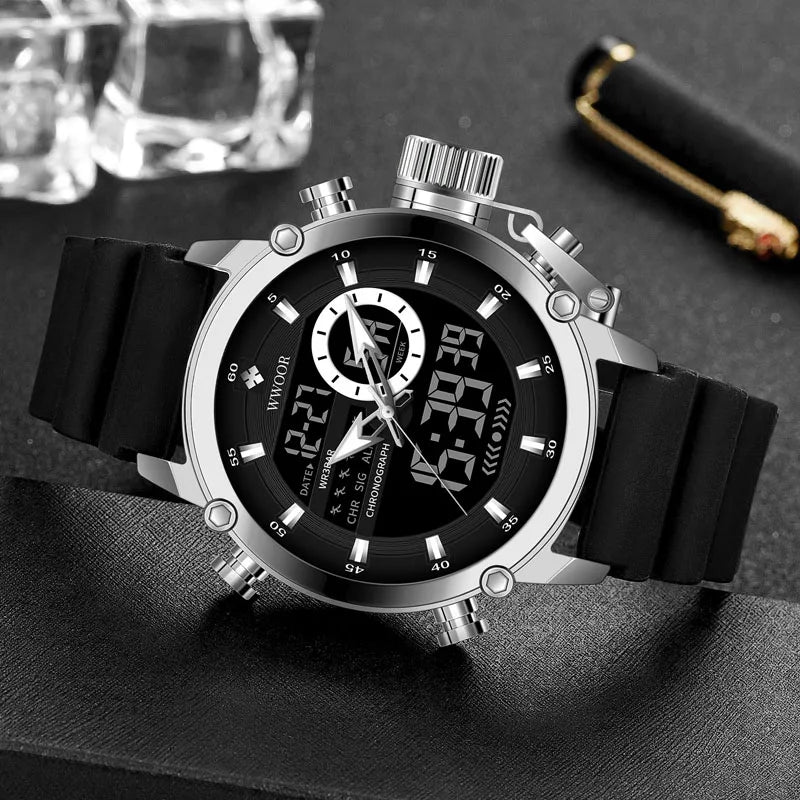 Relógio Masculino Digital e Analógico WWOOR 8882WW-b - Pulseira de silicone - A prova d'água