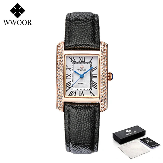 Relógio Feminino WWOOR 8806-b - Couro legítimo - A prova d'água