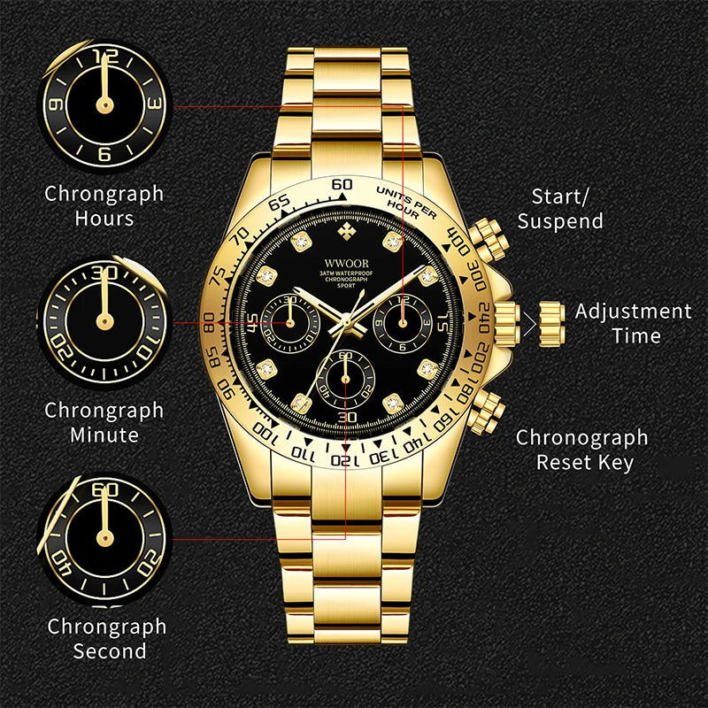 Relógio Militar e Esportivo de Luxo WWOOR 8849-b - Aço inoxidável - A prova d'água