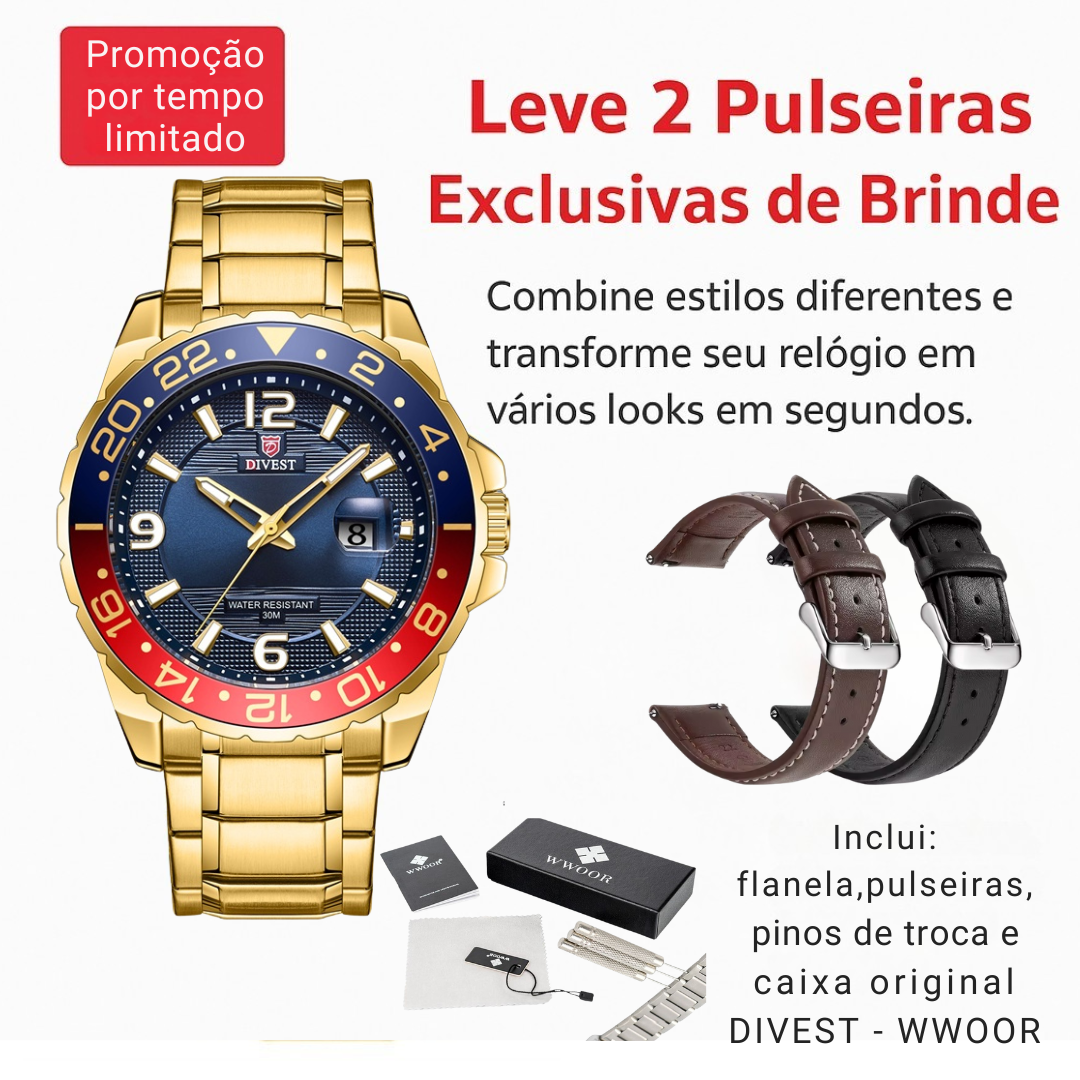 Relógio WWOOR DIVEST – Aço Inoxidável de Alta Qualidade - À Prova d’Água.