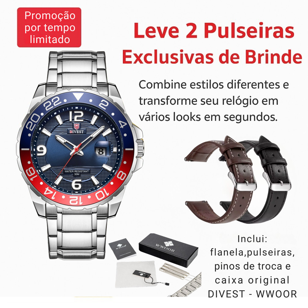 Relógio WWOOR DIVEST – Aço Inoxidável de Alta Qualidade - À Prova d’Água.