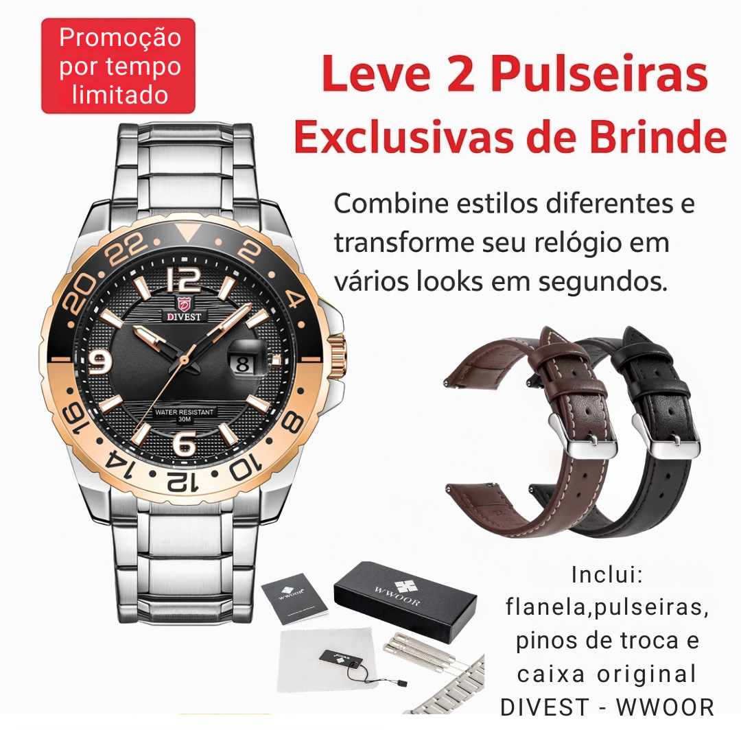 Relógio WWOOR DIVEST – Aço Inoxidável de Alta Qualidade - À Prova d’Água.