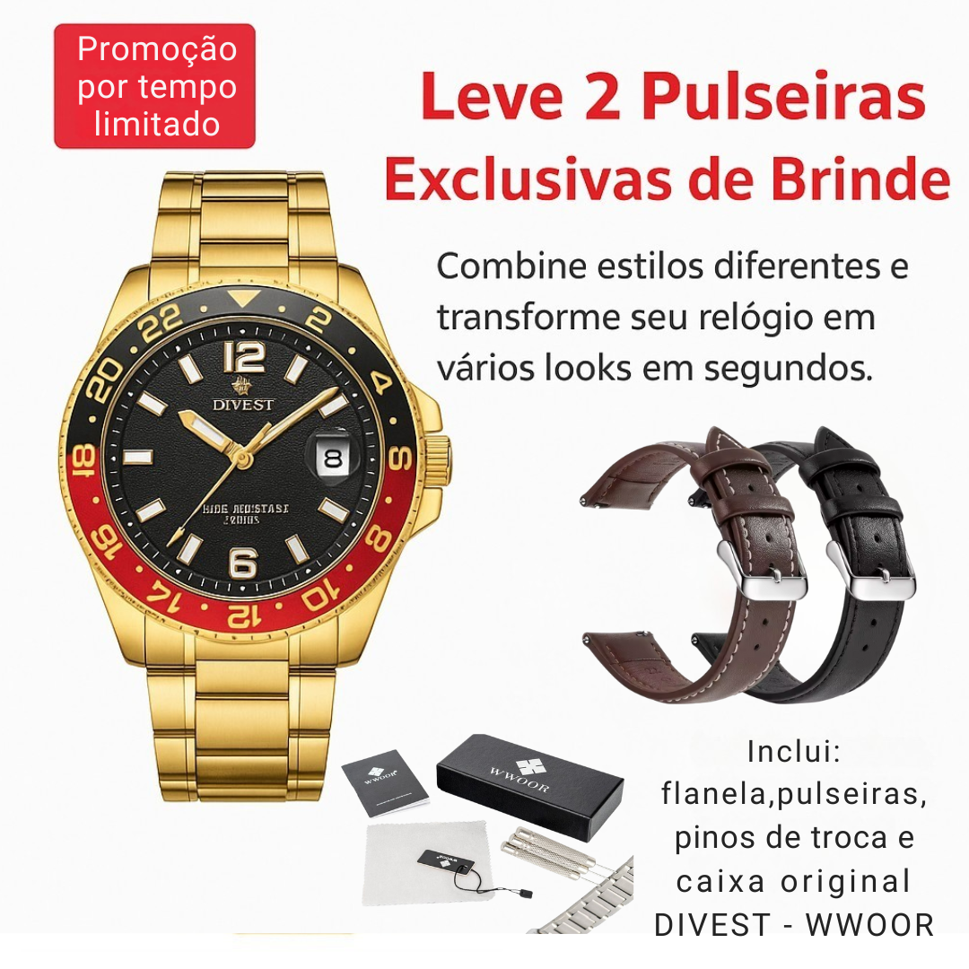 Relógio WWOOR DIVEST – Aço Inoxidável de Alta Qualidade - À Prova d’Água.