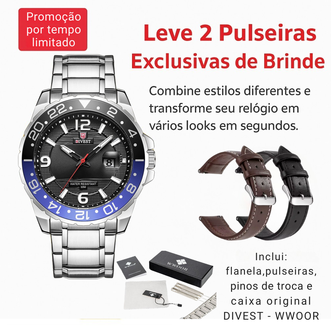 Relógio WWOOR DIVEST – Aço Inoxidável de Alta Qualidade - À Prova d’Água.