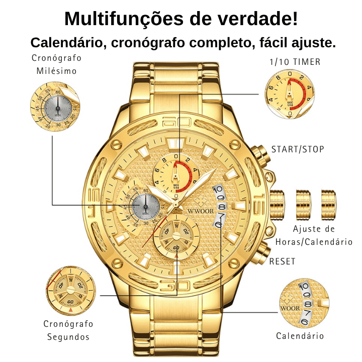 "Último Dia" - WWOOR ZENITH - Aço inoxidável - A prova d'água - Ponteiros Funcionais