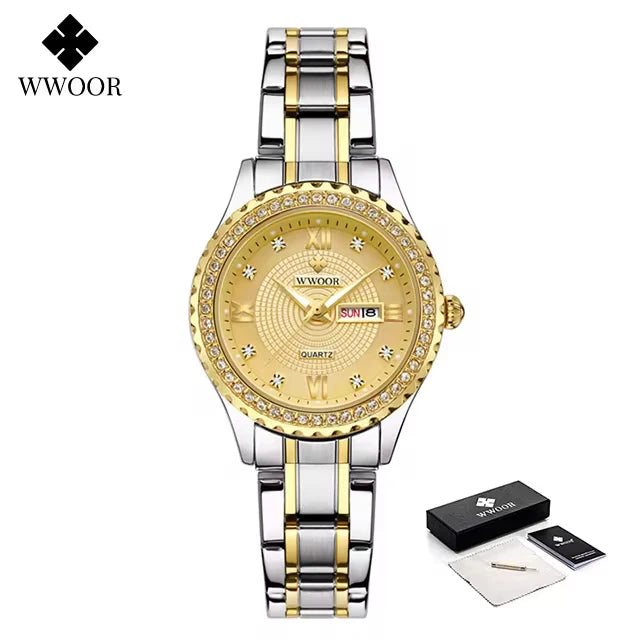Relógio feminino Cravejado com Pedras WWOOR 8856L-b - A prova d'água