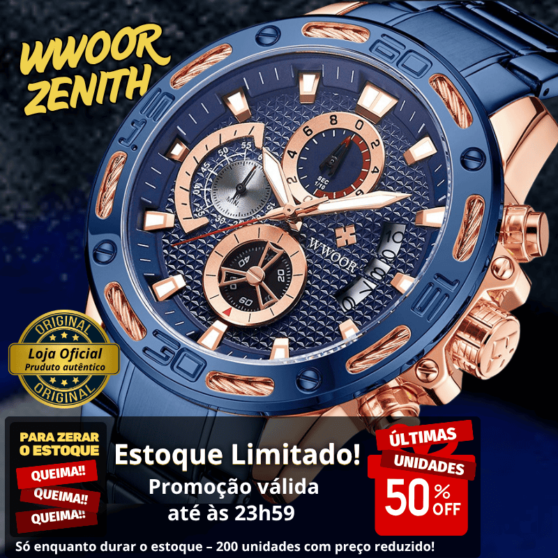 "Apenas Hoje" - WWOOR ZENITH - Aço inoxidável - A prova d'água - Ponteiros Funcionais