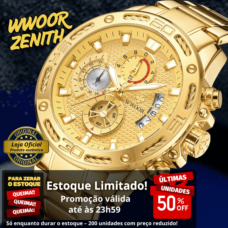 "Oferta do Dia" - WWOOR ZENITH - Aço inoxidável - A prova d'água - Ponteiros Funcionais