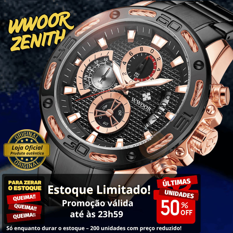 "Só Hoje" - WWOOR ZENITH - Aço inoxidável - A prova d'água - Ponteiros Funcionais