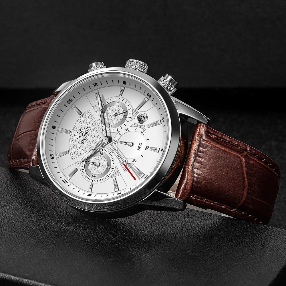 Relógio Masculino de Luxo WWOOR 8845 - Pulseira de couro - A prova d'água