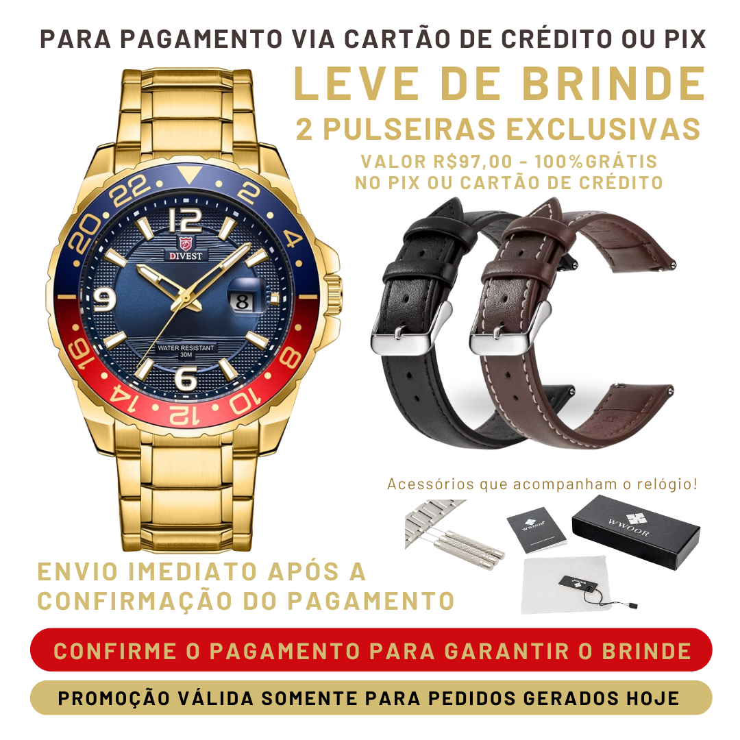 Último dia - 60% OFF - Relógio WWOOR'DIVEST - Aço Inoxidável - À Prova D'água.