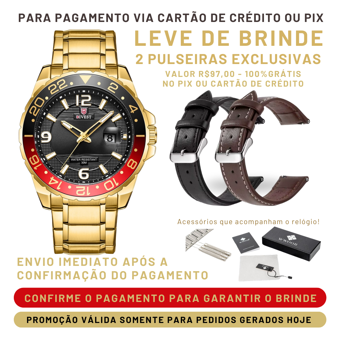 Último dia - 60% OFF - Relógio WWOOR'DIVEST - Aço Inoxidável - À Prova D'água.