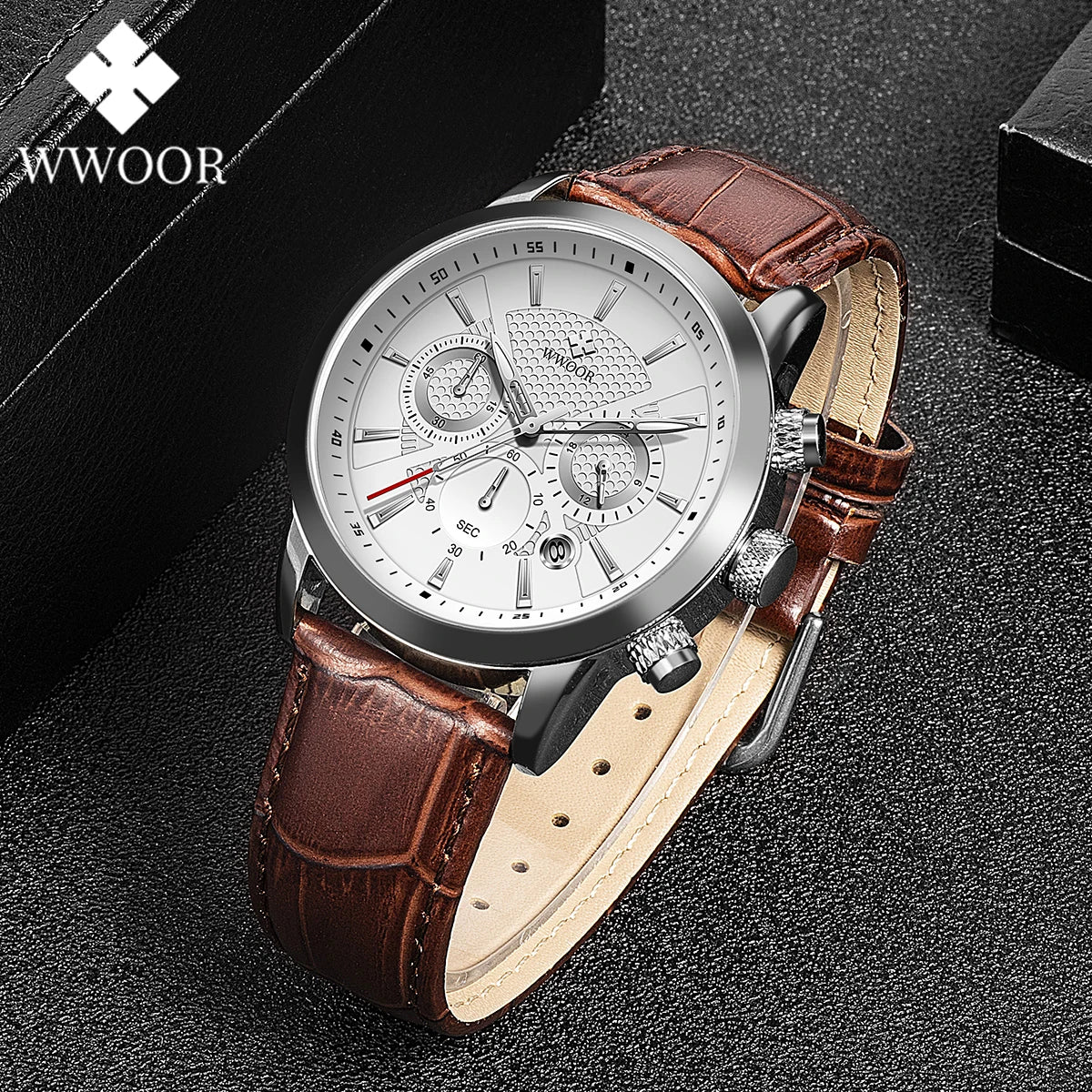 Relógio Masculino de Luxo WWOOR 8845 - Pulseira de couro - A prova d'água