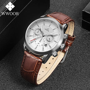 Relógio Masculino de Luxo WWOOR 8845 - Pulseira de couro - A prova d'água