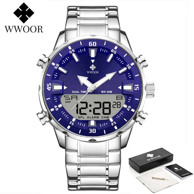 Relógio Masculino Analógico e Digital WWOOR 8890-b - Aço inoxidável - A prova d'água