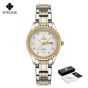 Relógio feminino Cravejado com Pedras WWOOR 8856L - A prova d'água