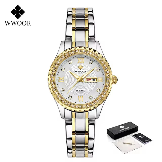 Relógio feminino Cravejado com Pedras WWOOR 8856L-b - A prova d'água