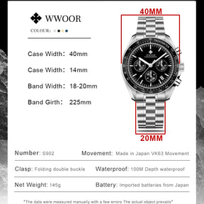 Relógio de Alta Performance com Cronógrafo WWOOR S902-b - A prova d'água